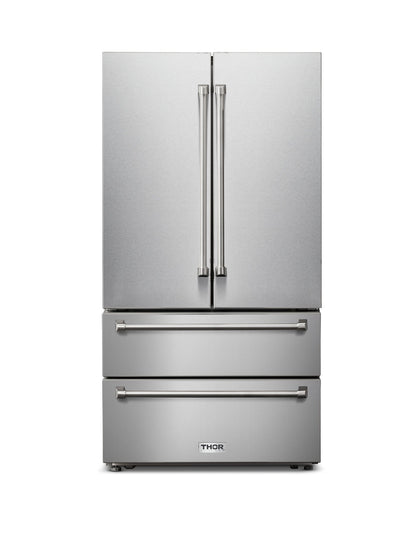 Thor Kitchen 6-Piece Appliance Package - 48-Inch Gas Range, French Door Refrigerator, Pro Wall Mount Hood, Dishwasher, Microwave Drawer, and Wine Cooler in Stainless Steel