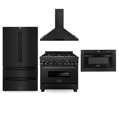 ZLINE Appliance Package - 36" Kitchen Package with Black Stainless Steel Refrigeration, Dual Fuel Range and Microwave Drawer - 4KPR-RABRH36-MW