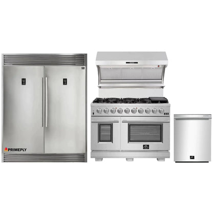 Forno 4-Piece Pro Appliance Package - 48-Inch Gas Range, Premium Hood, 56-Inch Pro-Style Refrigerator, and Dishwasher in Stainless Steel