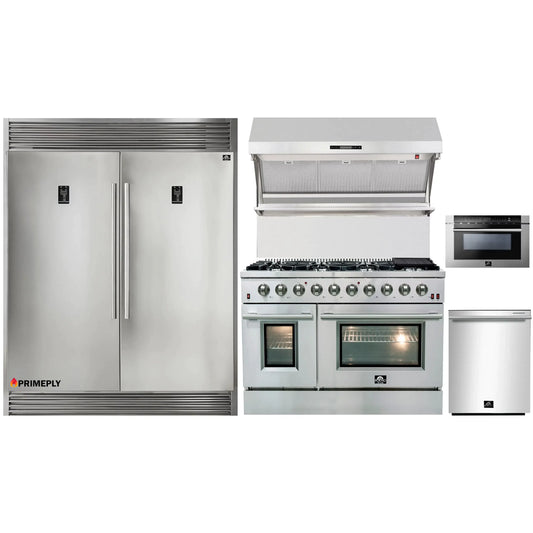 Forno 5-Piece Appliance Package - 48-Inch Gas Range, 56-Inch Pro-Style Refrigerator, Wall Mount Hood with Backsplash, Microwave Drawer, & 3-Rack Dishwasher in Stainless Steel