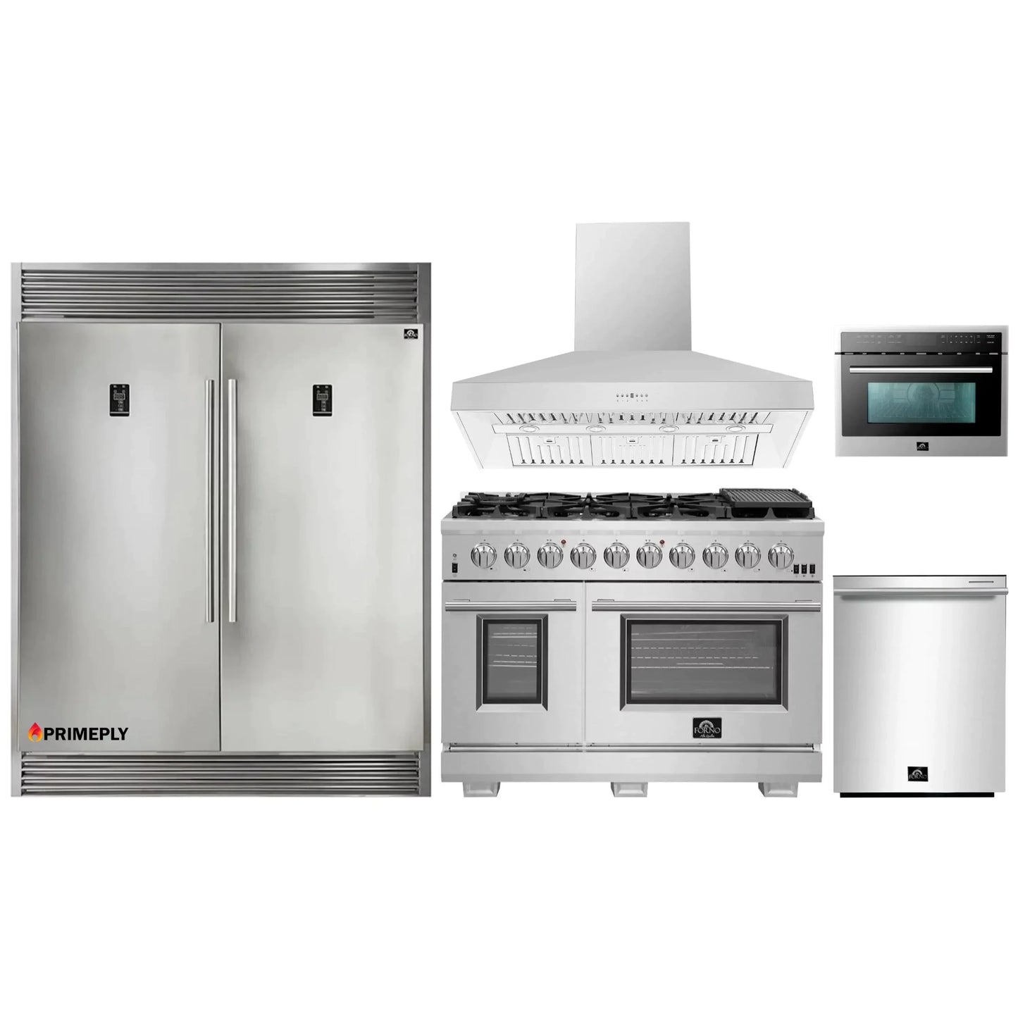 Forno 5-Piece Pro Appliance Package - 48-Inch Gas Range, 56-Inch Pro-Style Refrigerator, Wall Mount Hood, Microwave Oven, & 3-Rack Dishwasher in Stainless Steel