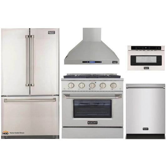 Kucht 5-Piece Appliance Package - 30-Inch Dual Fuel Range, Refrigerator, Wall Mount Hood, Dishwasher, & Microwave Drawer in Stainless Steel