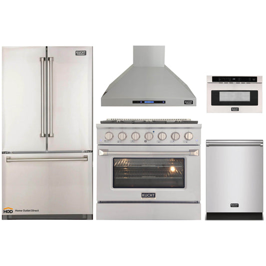 Kucht 5-Piece Appliance Package - 36-Inch Dual Range, Refrigerator, Wall Mount Hood, Dishwasher, & Microwave Drawer in Stainless Steel