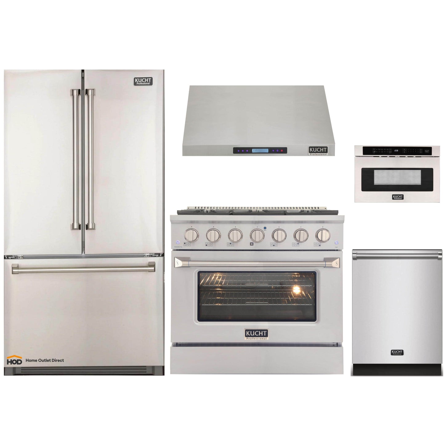 Kucht 5-Piece Appliance Package - 36-Inch Dual Range, Refrigerator, Under Cabinet Hood, Dishwasher, & Microwave Drawer in Stainless Steel