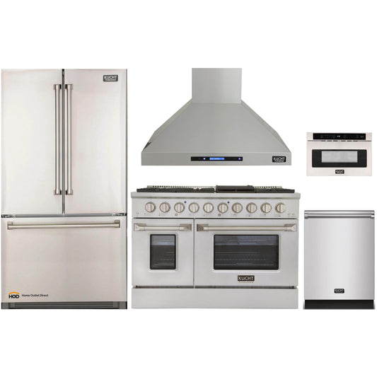 Kucht 5-Piece Appliance Package - 48-Inch Dual Fuel Range, Refrigerator, Wall Mount Hood, Dishwasher, & Microwave Drawer in Stainless Steel