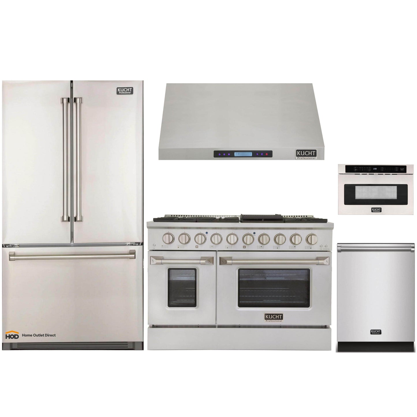 Kucht 5-Piece Appliance Package - 48-Inch Dual Fuel Range, Refrigerator, Under Cabinet Hood, Dishwasher, & Microwave Drawer in Stainless Steel