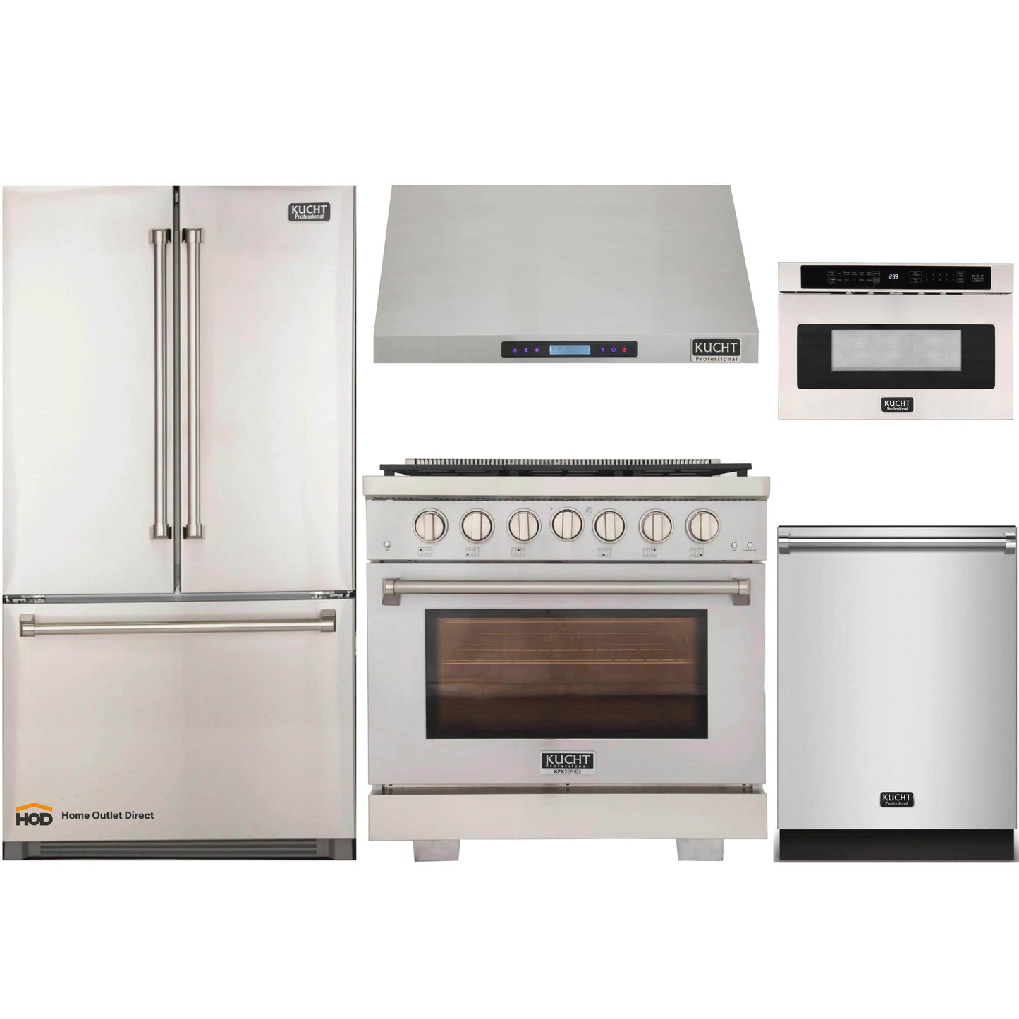 Kucht 5-Piece Appliance Package - 36-Inch Gas Range, Refrigerator, Under Cabinet Hood, Dishwasher, & Microwave Drawer in Stainless Steel