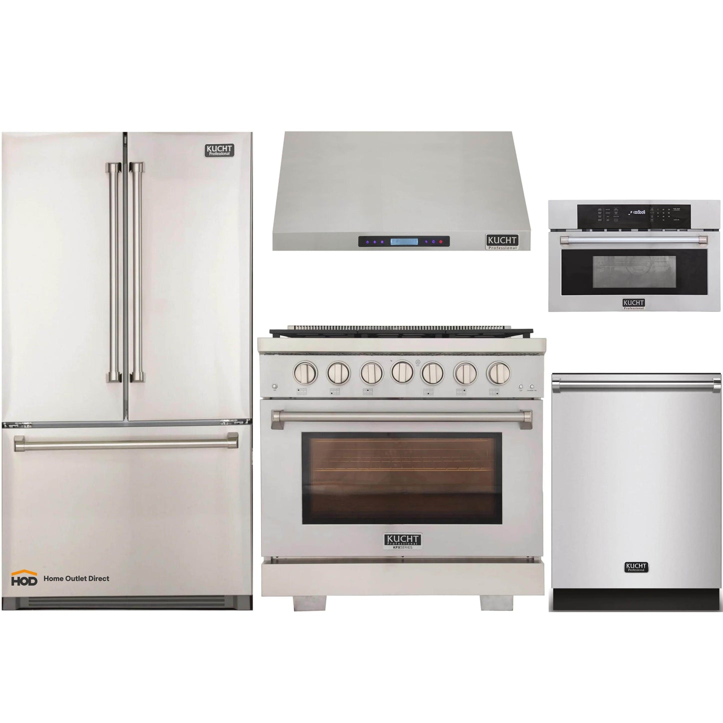 Kucht 5-Piece Appliance Package - 36-Inch Gas Range, Refrigerator, Under Cabinet Hood, Dishwasher, & Microwave Oven in Stainless Steel