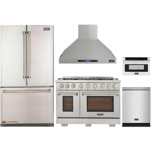 Kucht 5-Piece Appliance Package - 48-Inch Gas Range, Refrigerator, Wall Mount Hood, Dishwasher, & Microwave Drawer in Stainless Steel