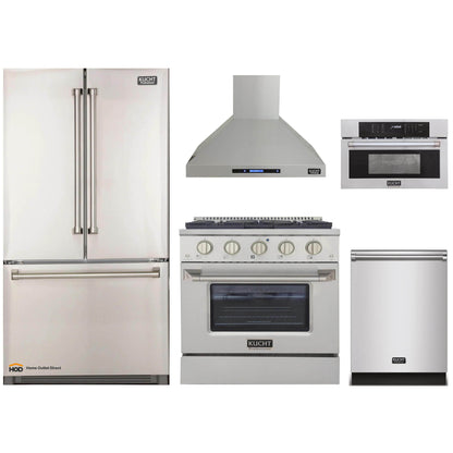 Kucht 5-Piece Appliance Package - 30-Inch Gas Range, Refrigerator, Wall Mount Hood, Dishwasher, & Microwave Oven in Stainless Steel