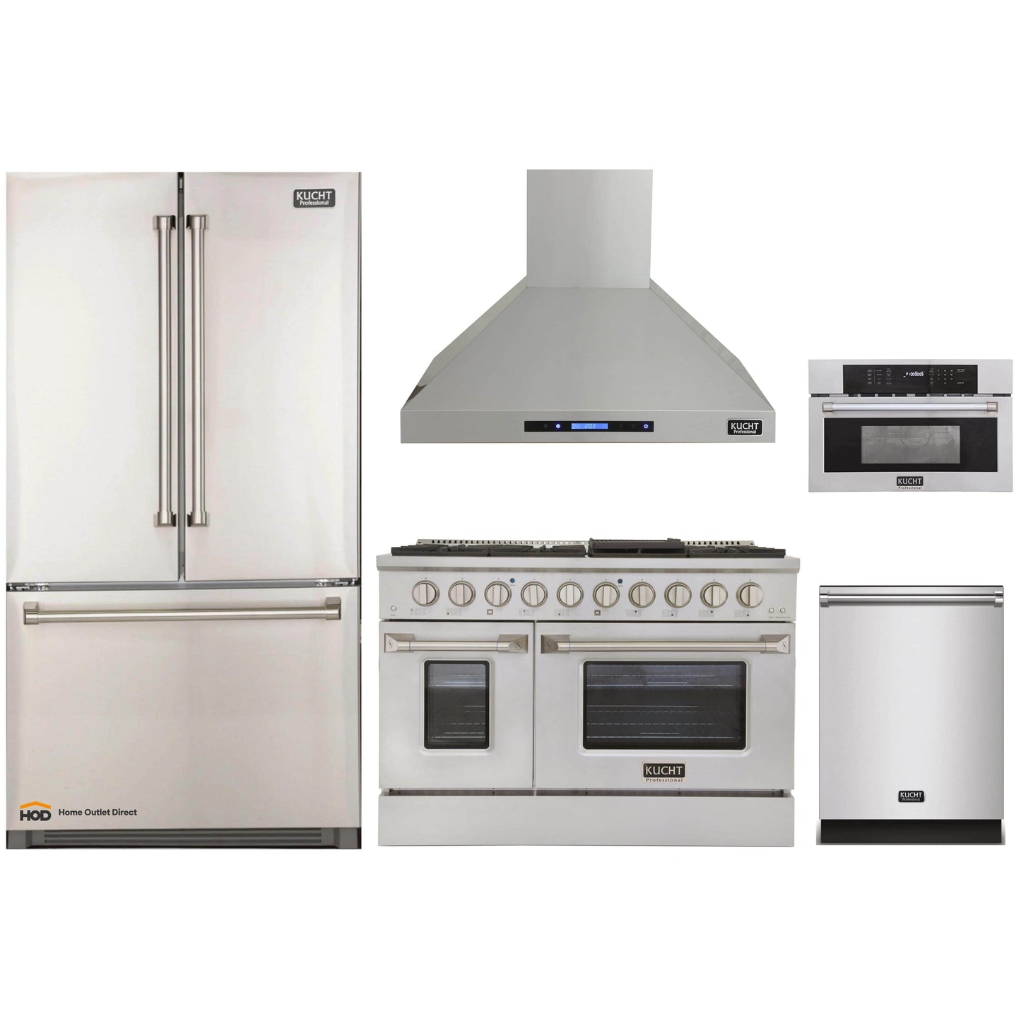 Kucht 5-Piece Appliance Package - 48-Inch Gas Range, Refrigerator, Wall Mount Hood, Dishwasher, & Microwave Oven in Stainless Steel