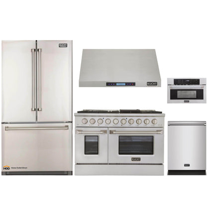 Kucht 5-Piece Appliance Package - 48-Inch Gas Range, Refrigerator, Under Cabinet Hood, Dishwasher, & Microwave Oven in Stainless Steel