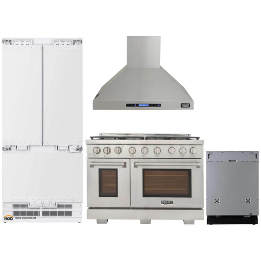 Kucht 4-Piece Appliance Package - 48" Gas Range, 36" Panel Ready Refrigerator, Wall Mount Hood, & Panel Ready Dishwasher