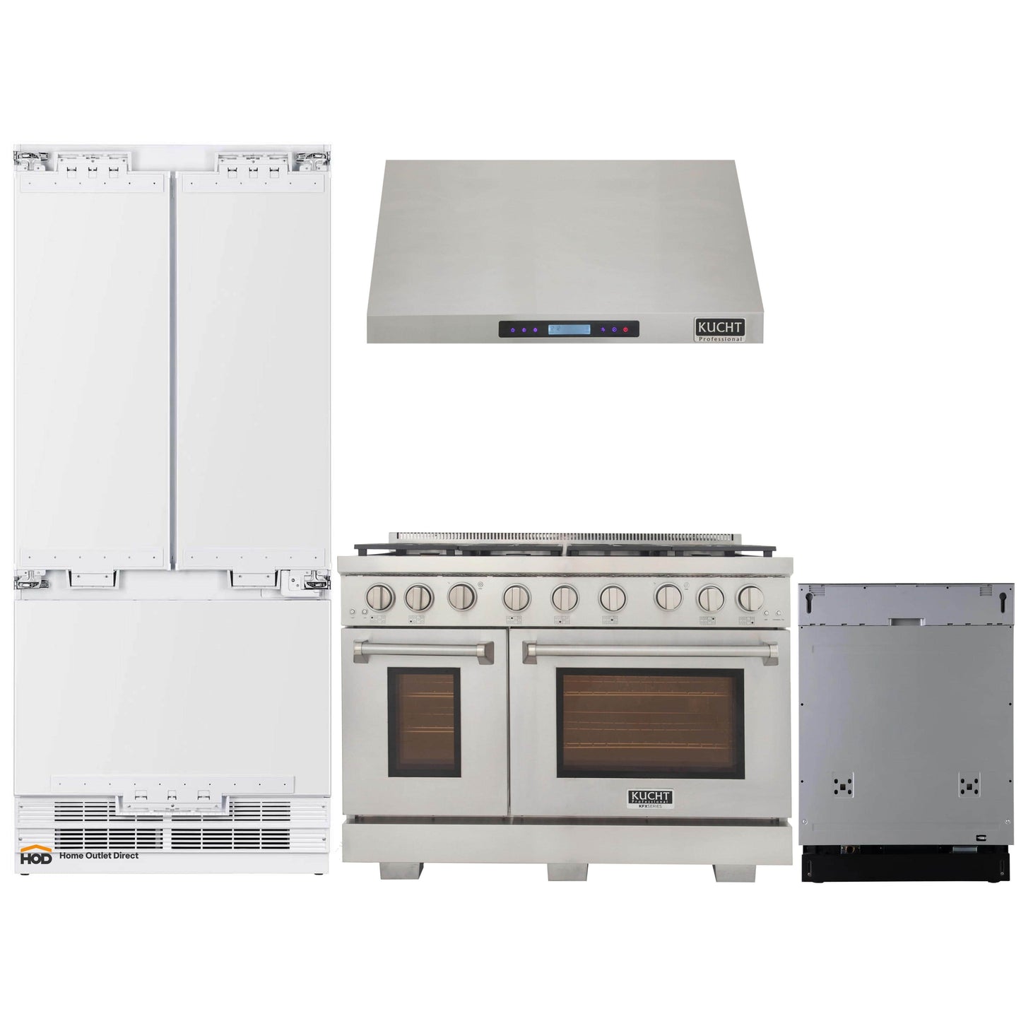 Kucht 4-Piece Appliance Package - 48" Gas Range, 36" Panel Ready Refrigerator, Under Cabinet Hood, & Panel Ready Dishwasher