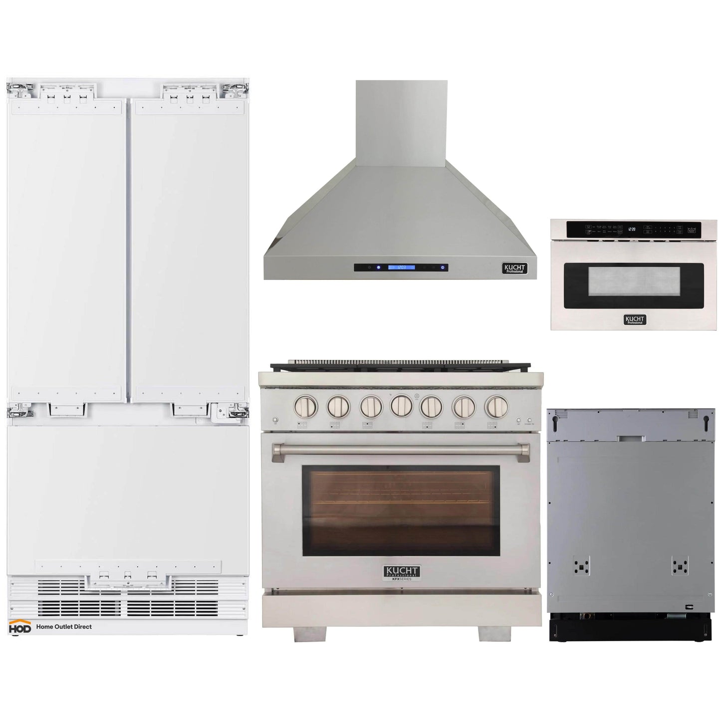 Kucht 5-Piece Appliance Package - 36-Inch Gas Range, 36-Inch Panel Ready Refrigerator, Wall Mount Hood, Panel Ready Dishwasher, & Microwave Drawer