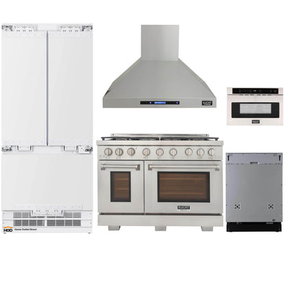 Kucht 5-Piece Appliance Package - 48" Gas Range, 36" Panel Ready Refrigerator, Wall Mount Hood, Panel Ready Dishwasher, & Microwave Drawer