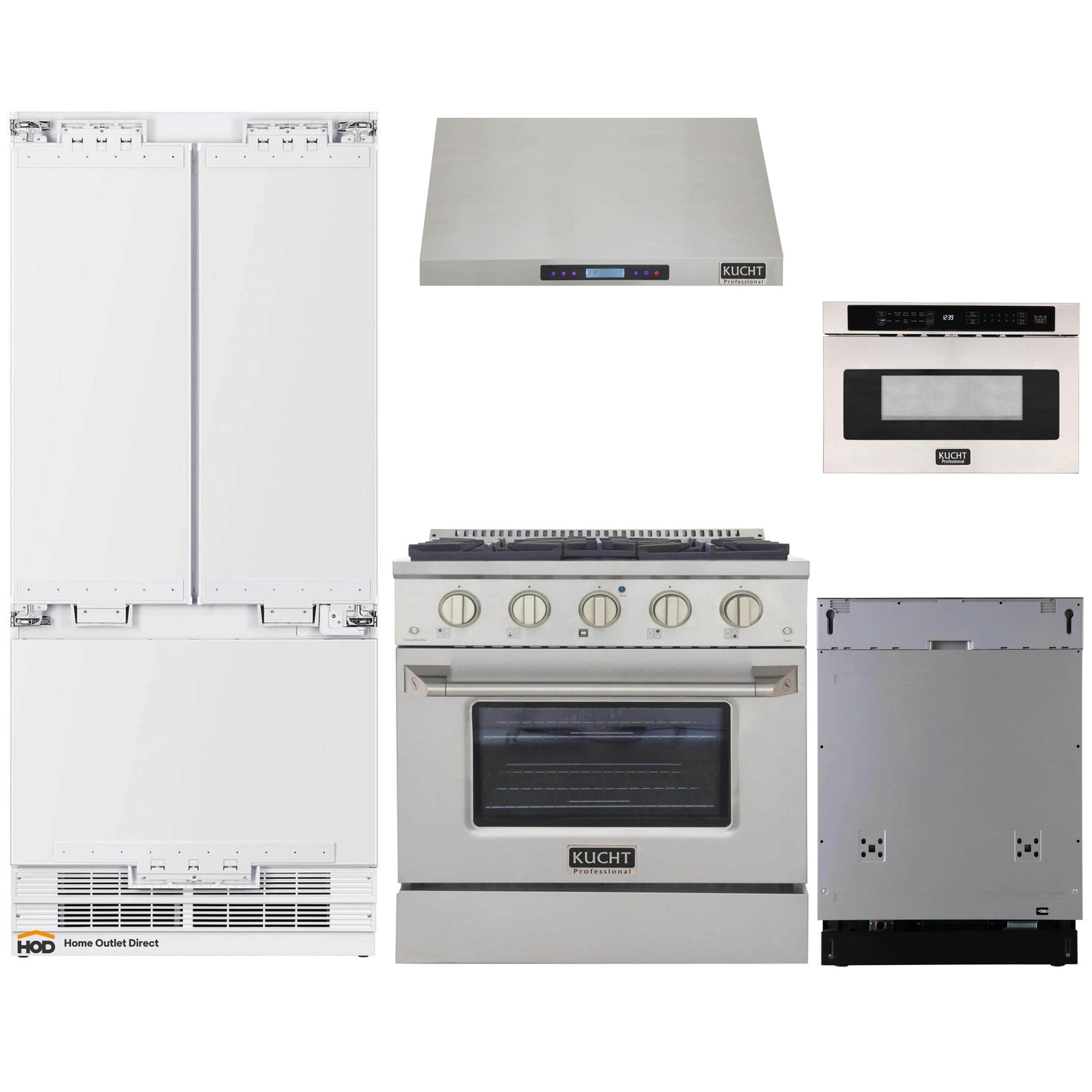 Kucht 5-Piece Appliance Package - 30-Inch Gas Range, 36-Inch Panel Ready Refrigerator, Under Cabinet Hood, Panel Ready Dishwasher, & Microwave Drawer