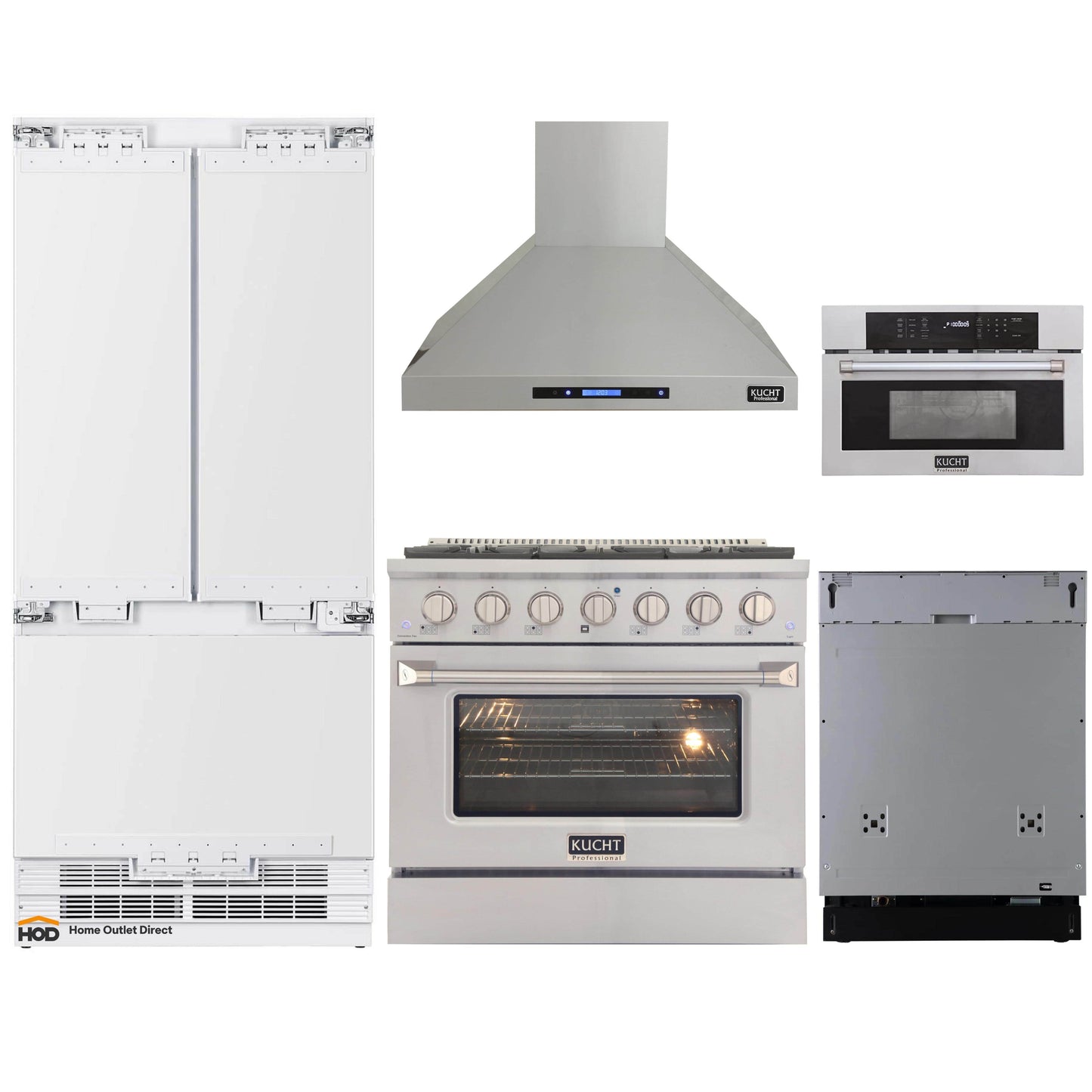 Kucht 5-Piece Appliance Package - 36" Gas Range, 36" Panel Ready Refrigerator, Wall Mount Hood, Panel Ready Dishwasher, & Microwave Oven