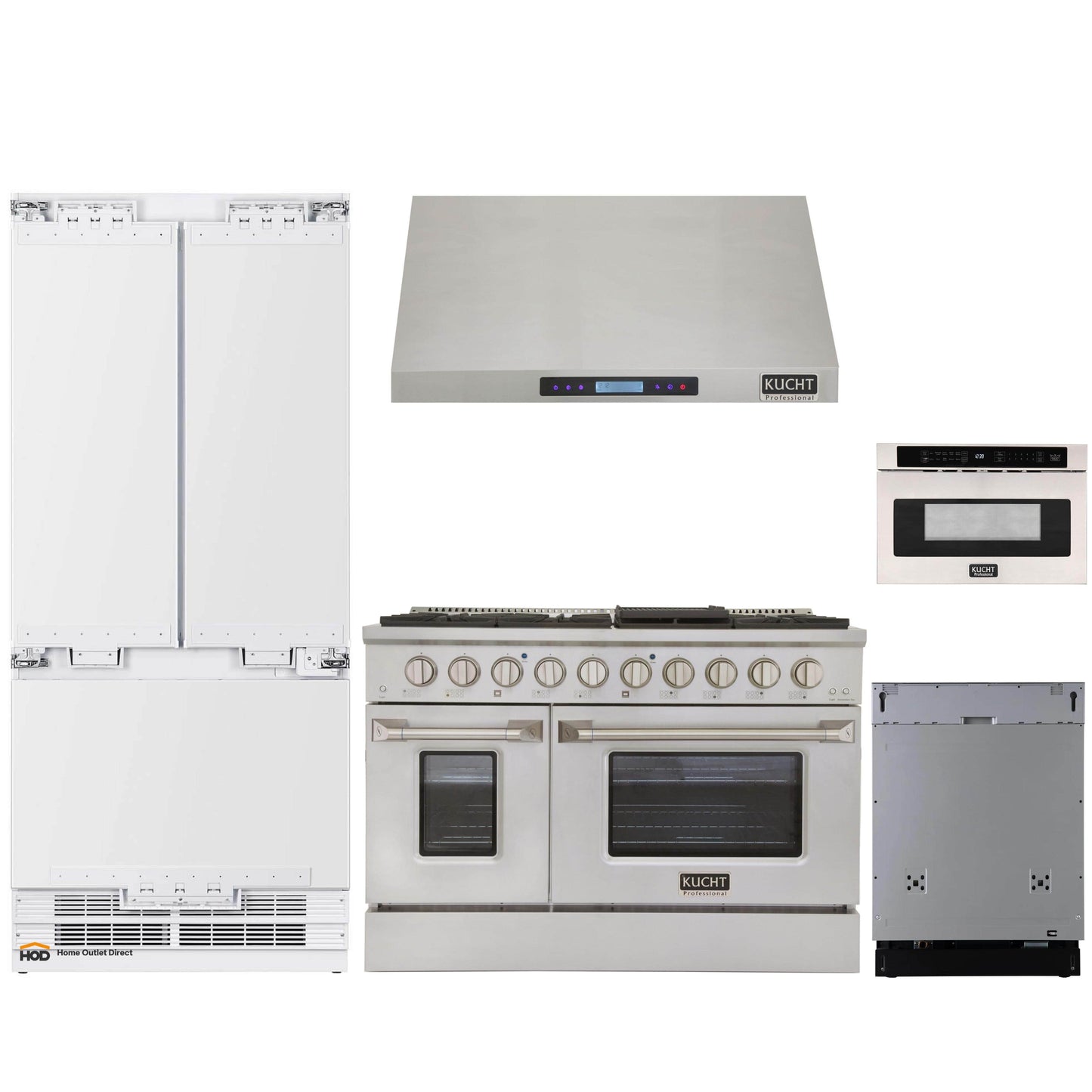 Kucht 5-Piece Appliance Package - 48" Gas Range, 36" Panel Ready Refrigerator, Under Cabinet Hood, Panel Ready Dishwasher, & Microwave Drawer