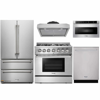 Thor Kitchen 5-Piece Pro Appliance Package - 36-Inch Dual Fuel Range, French Door Refrigerator, Under Cabinet Hood, Dishwasher, and Microwave Drawer in Stainless Steel