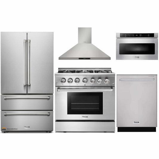 Thor Kitchen 5-Piece Pro Appliance Package - 36-Inch Dual Fuel Range, French Door Refrigerator, Wall Mount Hood, Dishwasher & Microwave Drawer in Stainless Steel