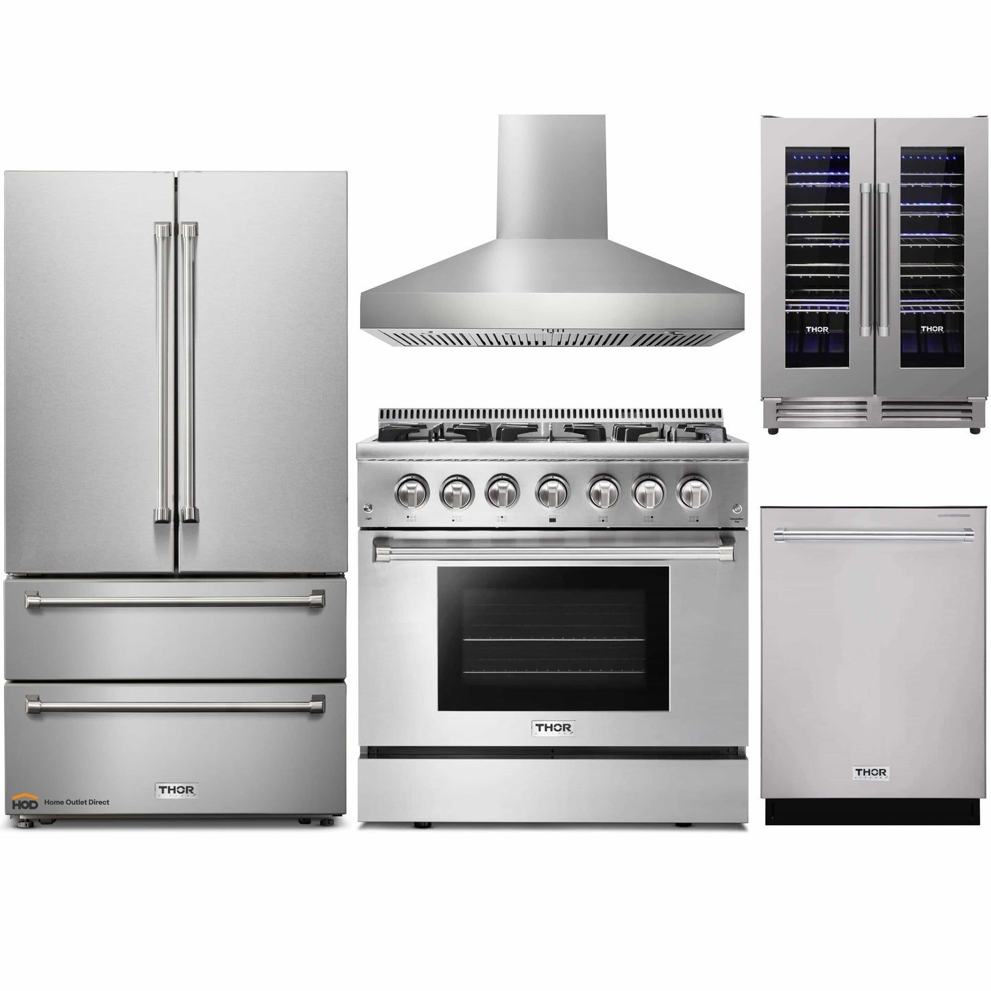 Thor Kitchen 5-Piece Pro Appliance Package - 36-Inch Dual Fuel Range, French Door Refrigerator, Pro-Style Wall Mount Hood, Dishwasher, and Wine Cooler in Stainless Steel