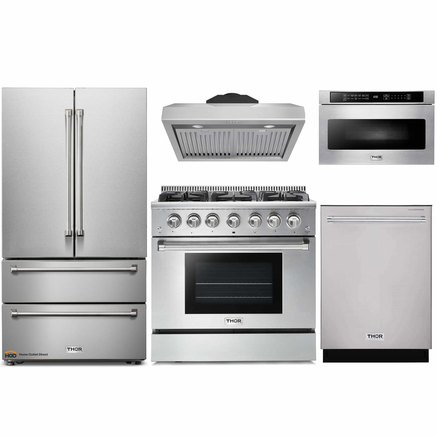 Thor Kitchen 5-Piece Pro Appliance Package - 36-Inch Gas Range, French Door Refrigerator, Under Cabinet Hood, Dishwasher, and Microwave Drawer in Stainless Steel