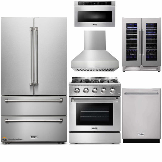 Thor Kitchen 6-Piece Pro Appliance Package - 30-Inch Dual Fuel Range, French Door Refrigerator, Pro-Style Wall Mount Hood, Dishwasher, Microwave Drawer, & Wine Cooler in Stainless Steel