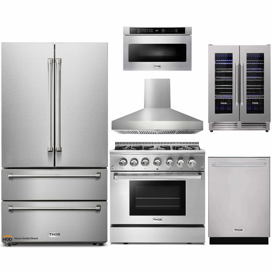 Thor Kitchen 6-Piece Pro Appliance Package - 36-Inch Dual Fuel Range, French Door Refrigerator, Pro-Style Wall Mount Hood, Dishwasher, Microwave Drawer, & Wine Cooler in Stainless Steel