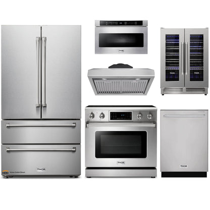 Thor Kitchen 6-Piece Appliance Package - 36-Inch Electric Range with Tilt Panel, French Door Refrigerator, Under Cabinet Hood, Dishwasher, Microwave Drawer, & Wine Cooler in Stainless Steel