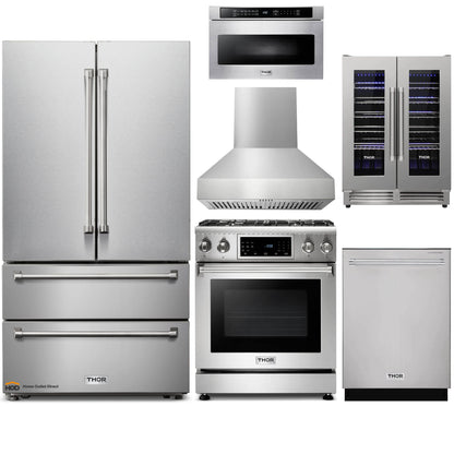 Thor Kitchen 6-Piece Appliance Package - 30-Inch Gas Range with Tilt Panel, French Door Refrigerator, Pro-Style Wall Mount Hood, Dishwasher, Microwave Drawer, and Wine Cooler in Stainless Steel