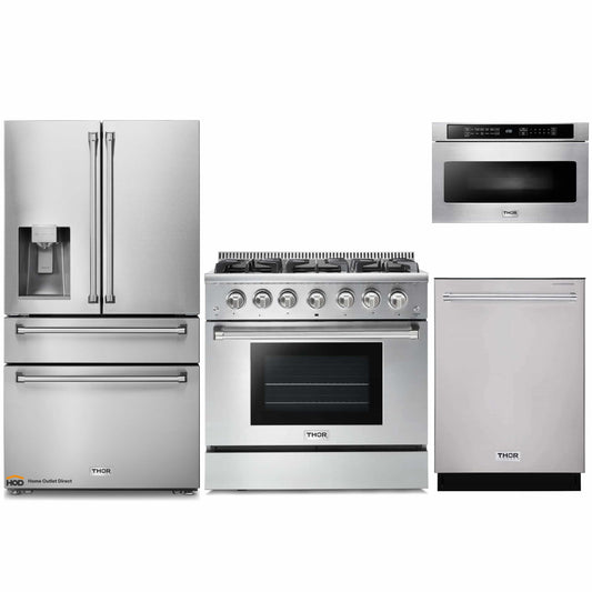 Thor Kitchen 4-Piece Pro Appliance Package - 36-Inch Gas Range, Refrigerator with Water Dispenser, Dishwasher, & Microwave Drawer in Stainless Steel