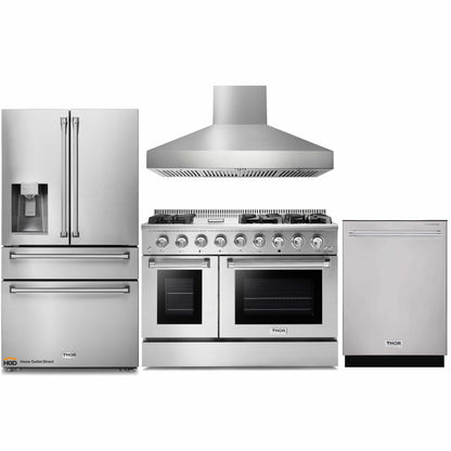 Thor Kitchen 4-Piece Pro Appliance Package - 48-Inch Gas Range, Pro Wall Mount Hood, Refrigerator with Water Dispenser, & Dishwasher in Stainless Steel