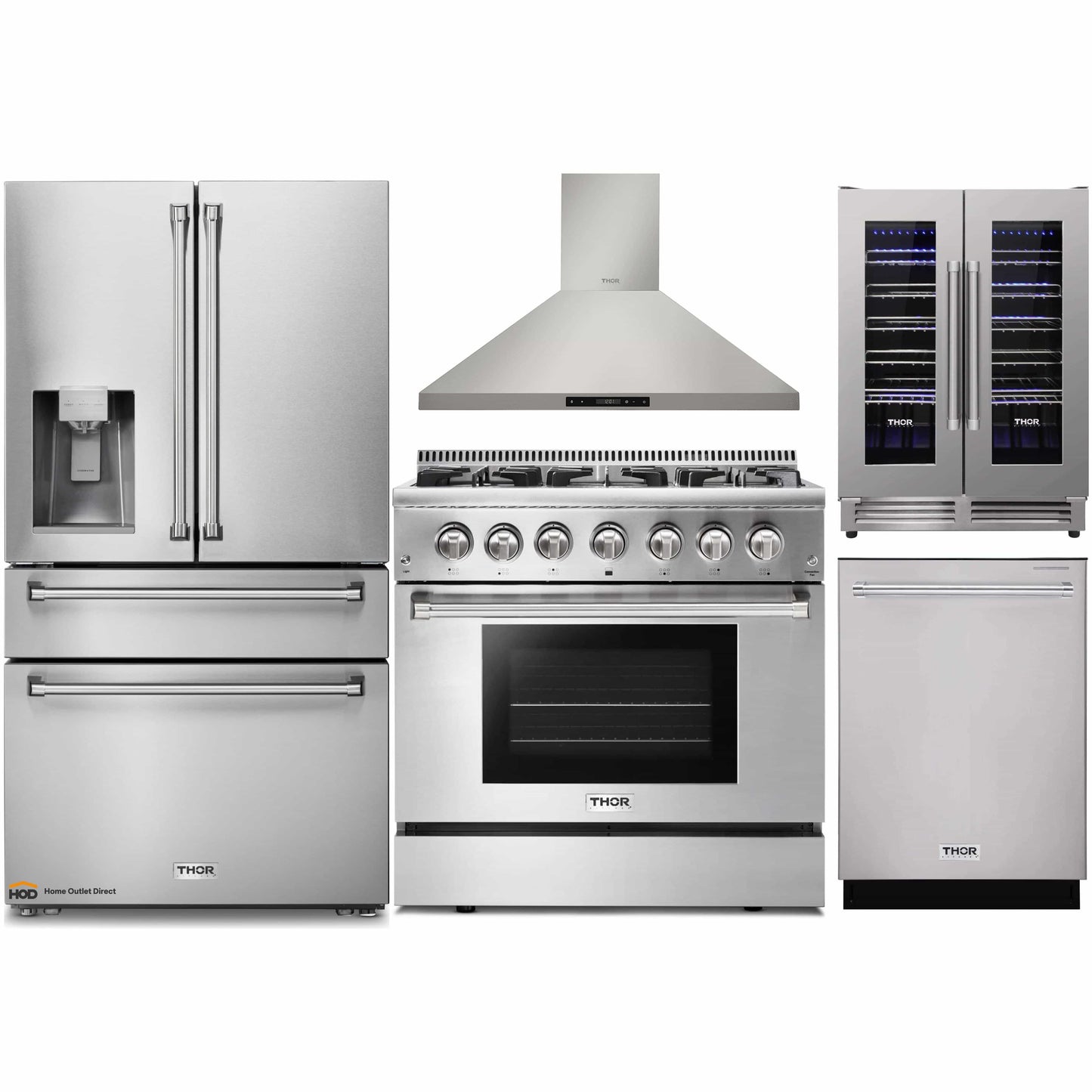 Thor Kitchen 5-Piece Pro Appliance Package - 36-Inch Dual Fuel Range, Refrigerator with Water Dispenser, Wall Mount Hood, Dishwasher, & Wine Cooler in Stainless Steel