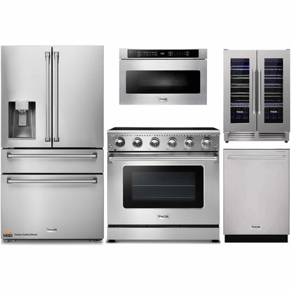 Thor Kitchen 5-Piece Appliance Package - 36-Inch Electric Range, Refrigerator with Water Dispenser, Dishwasher, Microwave Drawer, & Wine Cooler in Stainless Steel