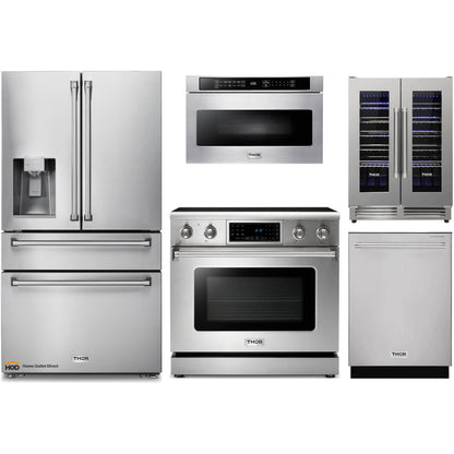 Thor Kitchen 5-Piece Appliance Package - 36-Inch Electric Range with Tilt Panel, Refrigerator with Water Dispenser, Dishwasher, Microwave Drawer, & Wine Cooler in Stainless Steel