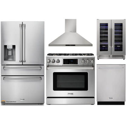 Thor Kitchen 5-Piece Appliance Package - 36-Inch Gas Range with Tilt Panel, Refrigerator with Water Dispenser, Wall Mount Hood, Dishwasher, & Wine Cooler in Stainless Steel