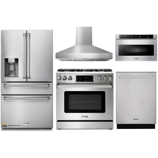 Thor Kitchen 5-Piece Appliance Package - 36-Inch Gas Range with Tilt Panel, Refrigerator with Water Dispenser, Pro-Style Wall Mount Hood, Dishwasher, & Microwave Drawer in Stainless Steel