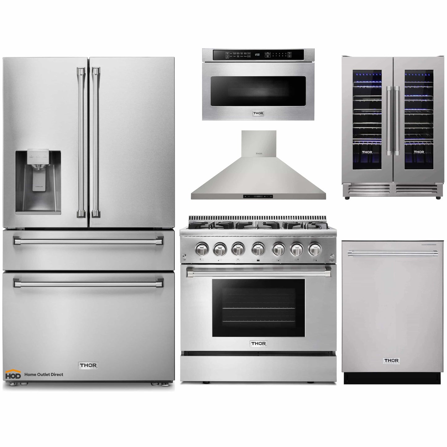 Thor Kitchen 6-Piece Pro Appliance Package - 36-Inch Dual Fuel Range, Refrigerator with Water Dispenser, Wall Mount Hood, Dishwasher, Microwave Drawer, & Wine Cooler in Stainless Steel