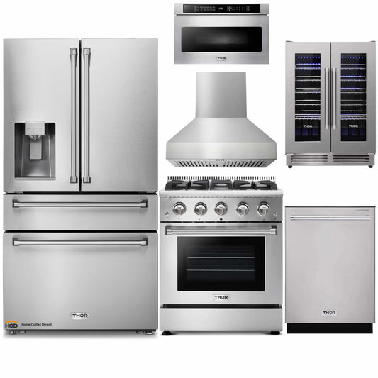 Thor Kitchen 6-Piece Pro Appliance Package - 30-Inch Gas Range, Refrigerator with Water Dispenser, Pro-Style Wall Mount Hood, Dishwasher, Microwave Drawer, & Wine Cooler in Stainless Steel