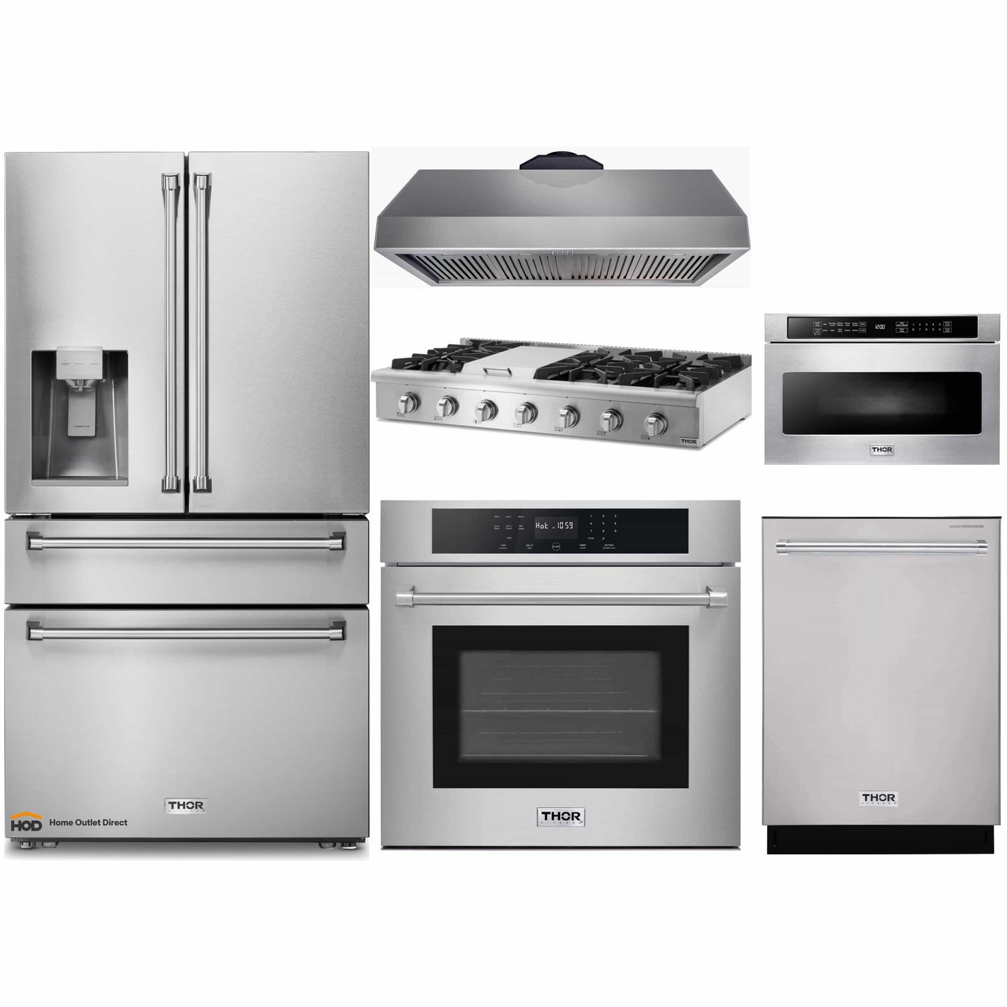 Thor Kitchen 6-Piece Appliance Package - 48-Inch Gas Range, Electric Wall Oven, Under Cabinet 16.5-Inch Tall Hood, Refrigerator with Water Dispenser, Dishwasher & Microwave Drawer in Stainless Steel