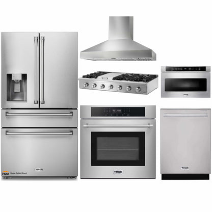 Thor Kitchen 6-Piece Appliance Package - 48-Inch Gas Range, Electric Wall Oven, Pro Wall Mount Hood, Refrigerator with Water Dispenser, Dishwasher & Microwave Drawer in Stainless Steel