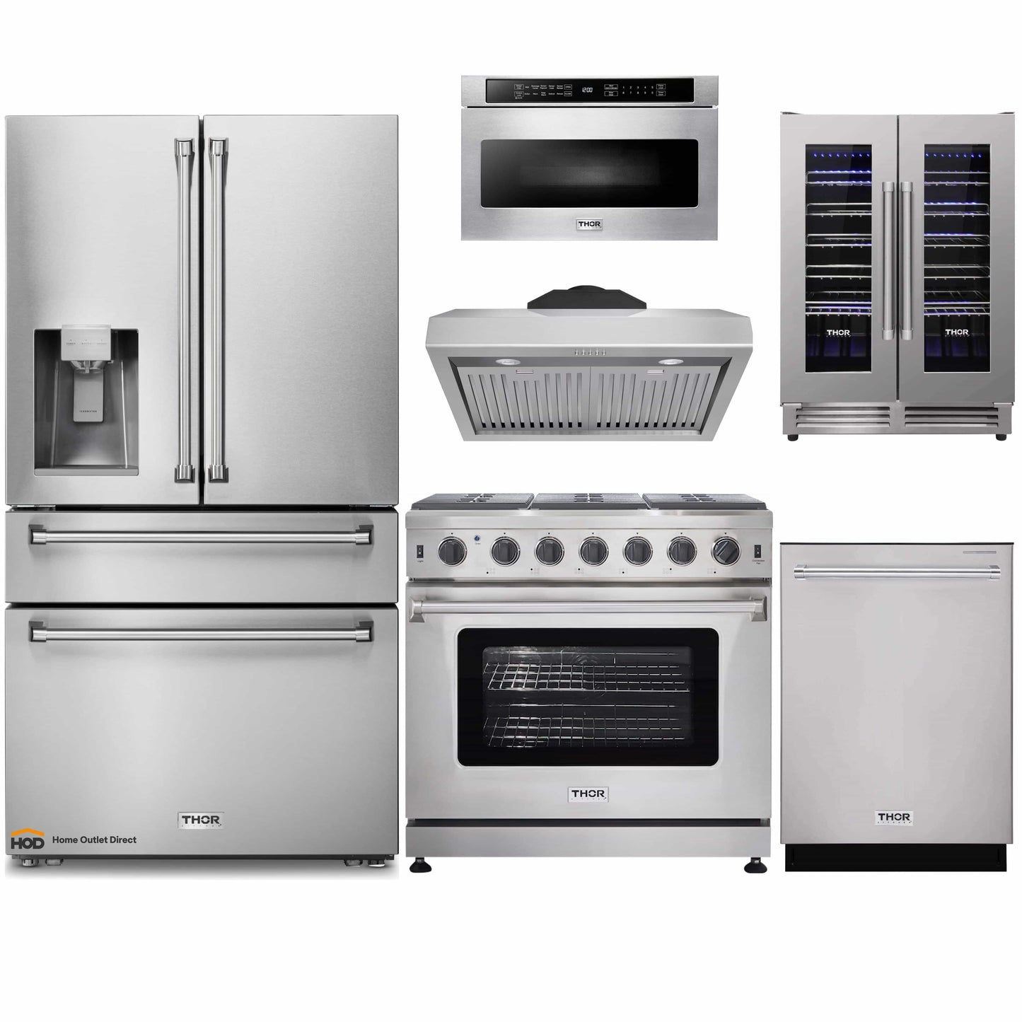 Thor Kitchen 6-Piece Appliance Package - 36-Inch Gas Range, Refrigerator with Water Dispenser, Under Cabinet Hood, Dishwasher, Microwave Drawer, & Wine Cooler in Stainless Steel