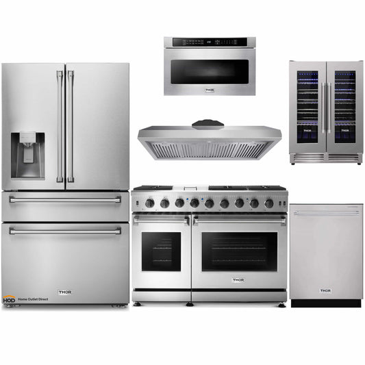 Thor Kitchen 6-Piece Appliance Package - 48-Inch Gas Range, Refrigerator with Water Dispenser, Under Cabinet 11-Inch Tall Hood, Dishwasher, Microwave Drawer, & Wine Cooler in Stainless Steel