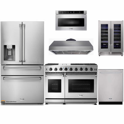 Thor Kitchen 6-Piece Appliance Package - 48-Inch Gas Range, Refrigerator with Water Dispenser, Under Cabinet 16.5-Inch Tall Hood, Dishwasher, Microwave Drawer, & Wine Cooler in Stainless Steel