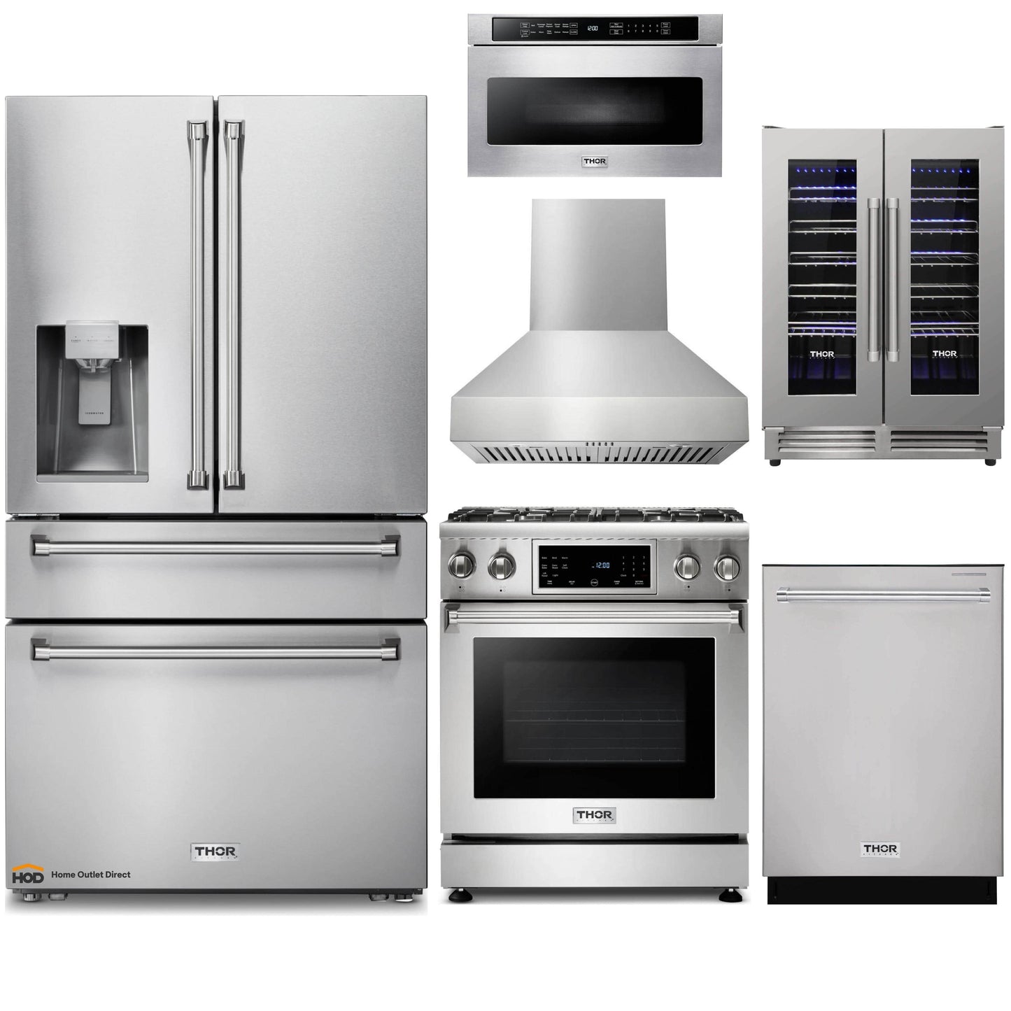 Thor Kitchen 6-Piece Appliance Package - 30-Inch Gas Range with Tilt Panel, Refrigerator with Water Dispenser, Pro-Style Wall Mount Hood, Dishwasher, Microwave Drawer, & Wine Cooler in Stainless Steel