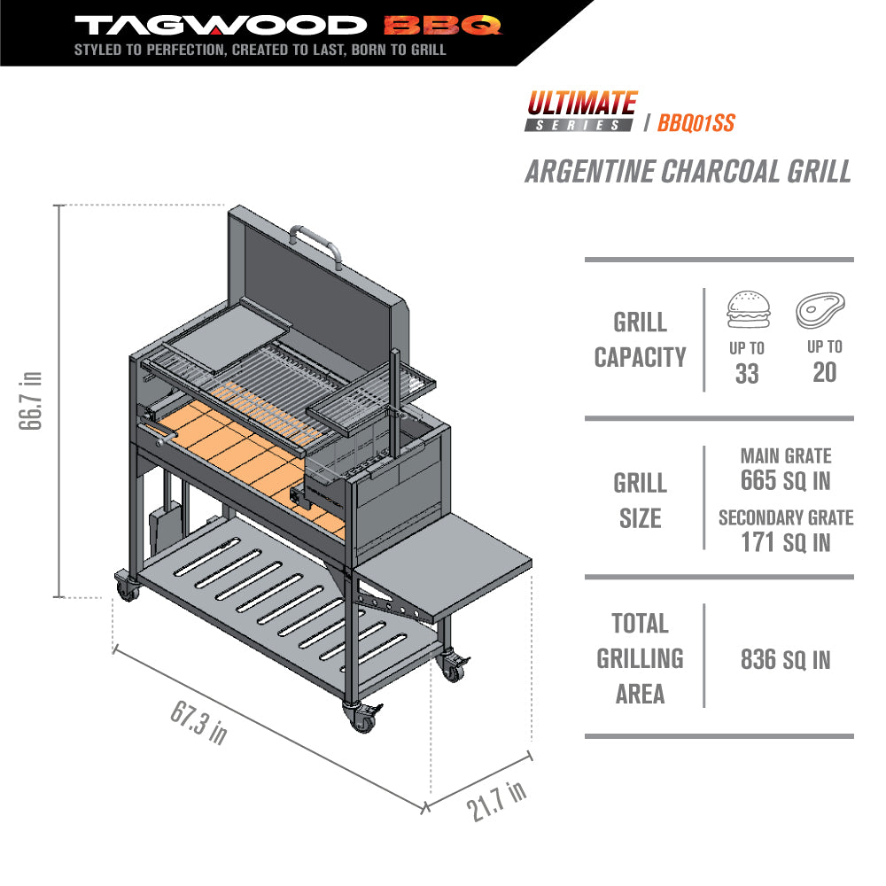 Tagwood BBQ Argentine Santa Maria Wood Fire & Charcoal Grill with Top Lid | BBQ01SS