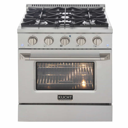 Kucht 5-Piece Appliance Package - 30-Inch Dual Fuel Range, Refrigerator, Wall Mount Hood, Dishwasher, & Microwave Oven in Stainless Steel