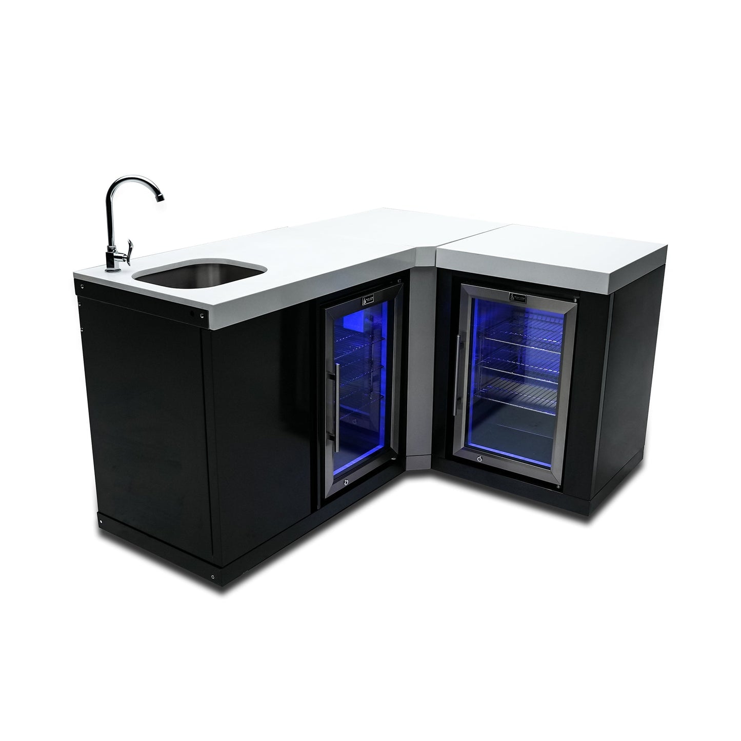 Stand Alone Sink and Fridge with 90 Degree Corner Stainless Steel Outdoor Beverage Center - MA-BEVBSS90FC by Mont Alpi