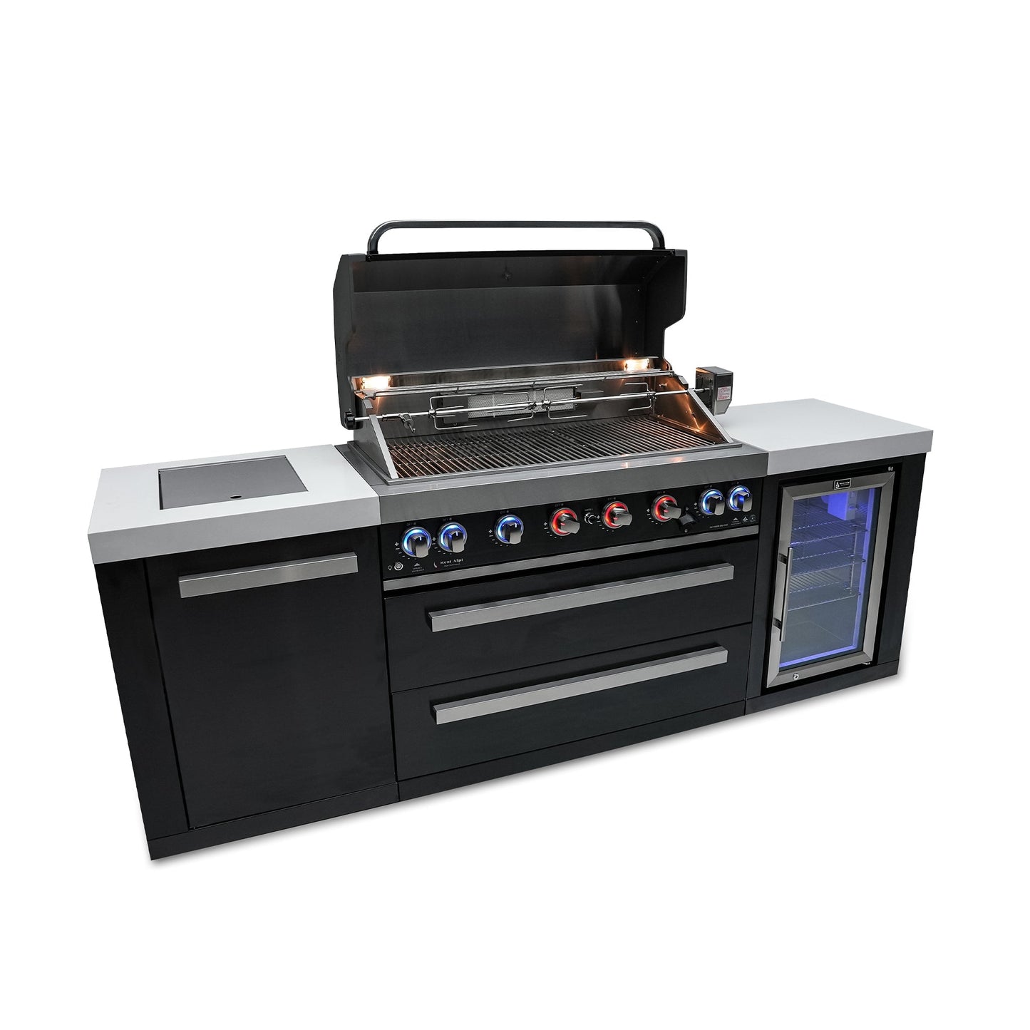 Deluxe 6-Burner with Refrigerator, Side Burner, and Rotisserie Kit Black Stainless Steel Propane Gas BBQ Island Grill - MAi805-BSSFC by Mont Alpi